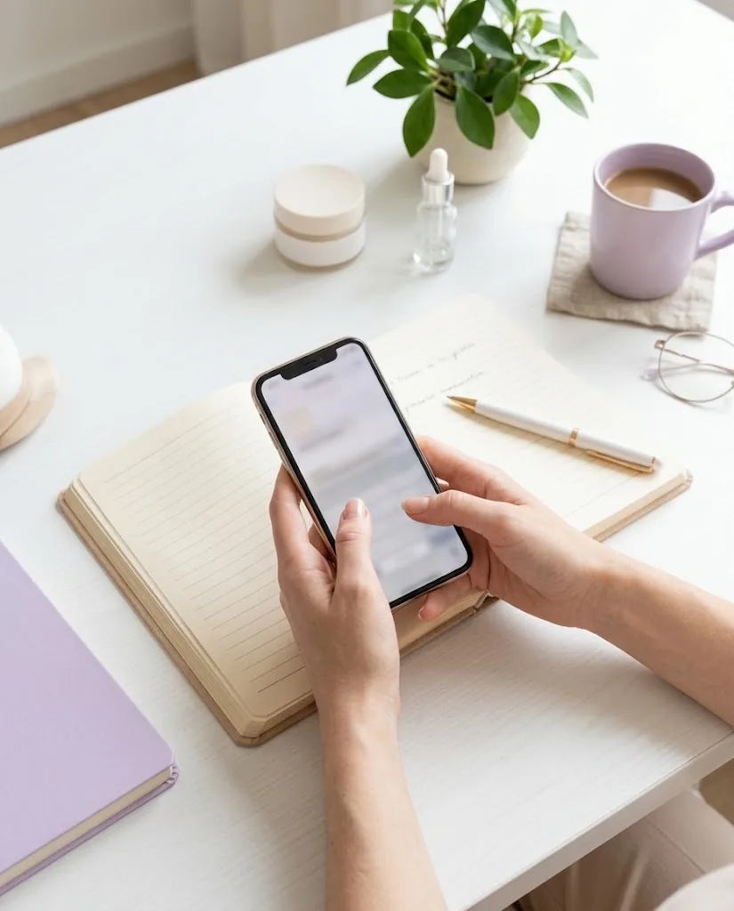 Manos escribiendo un mensaje en el celular sobre un escritorio con productos para el cuidado de la piel