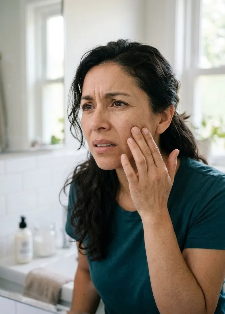 Mujer con piel seca y opaca tocándose la mejilla