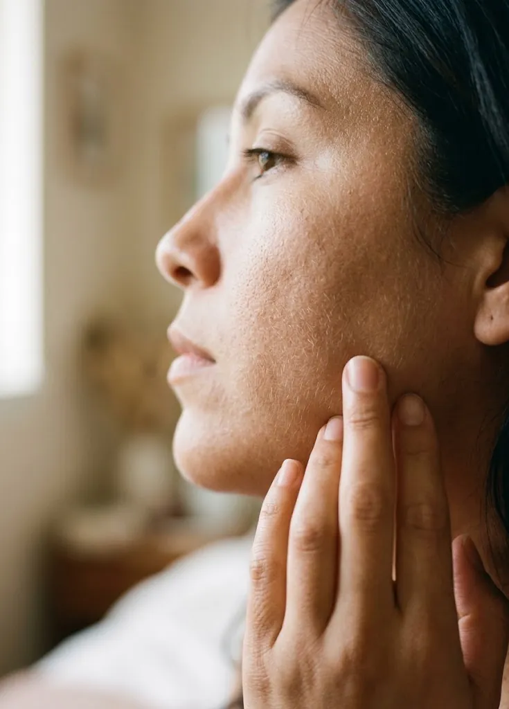 Mejilla de perfil con vello facial fino y textura irregular