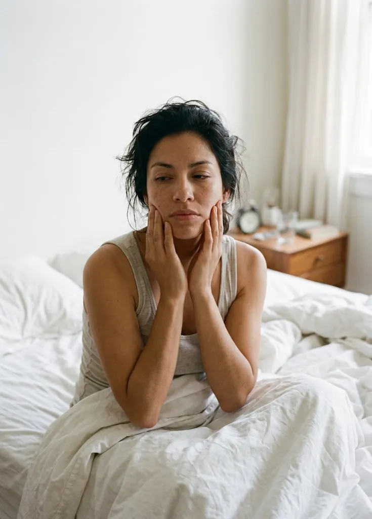 Mujer al despertar con molestia en la mandíbula por bruxismo