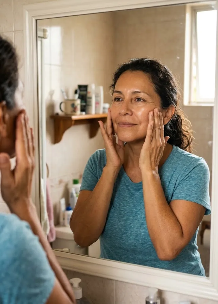 Mujer madura levantando suavemente las mejillas frente al espejo